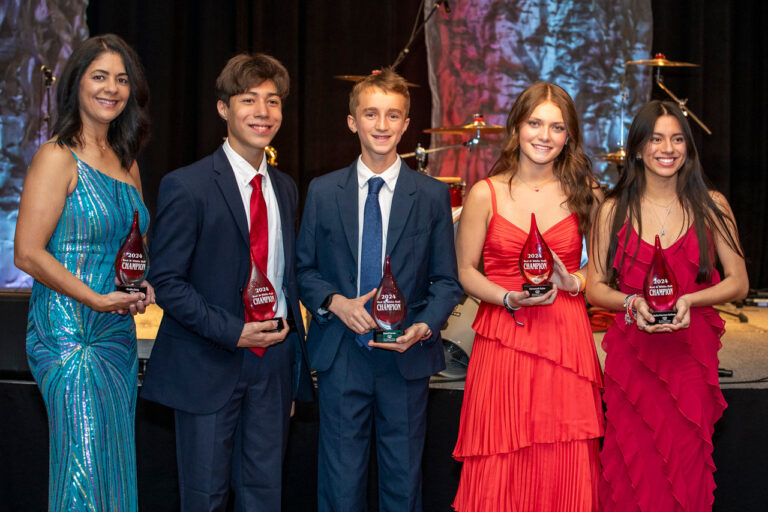 The Red & White Ball 2024 Champions: Oralia Ortiz, Jonah Nirenberg, Reed Kerne, Savannah Salas, and Sofia Moreno-Salinas