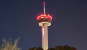 The Tower of Americas lights up in honor of National Blood Donor Month.