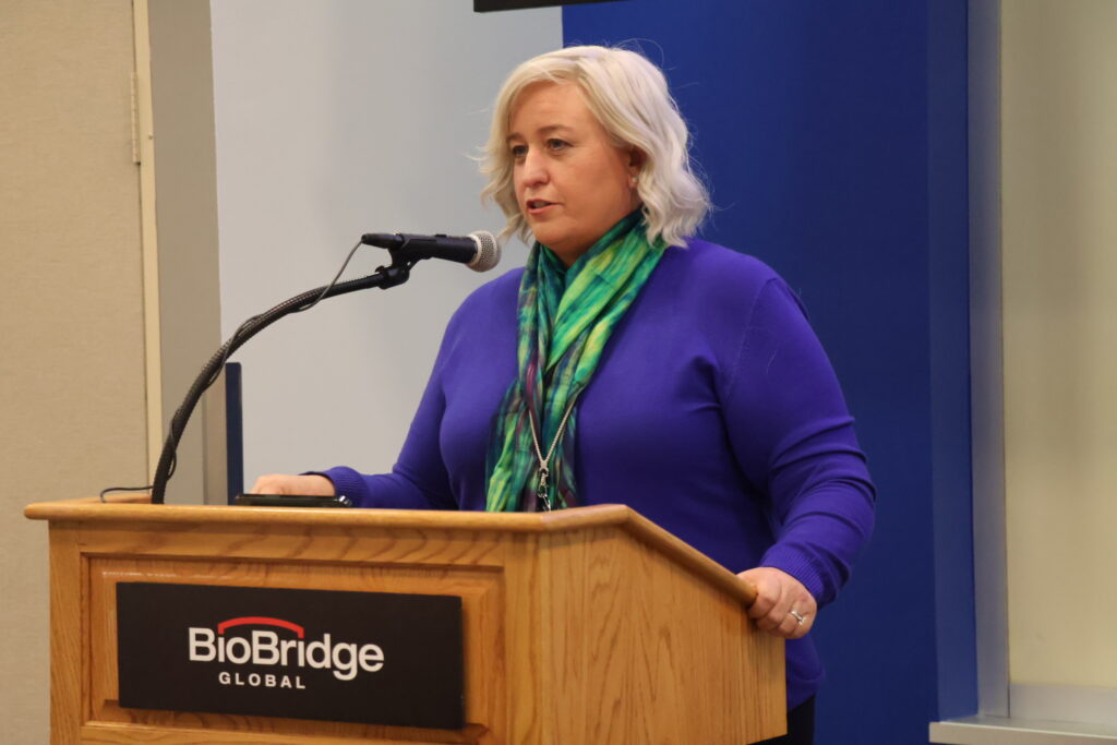 Adrienne Mendoza speaks at The Blood & Tissue Center Foundation Board meeting on Feb. 3.