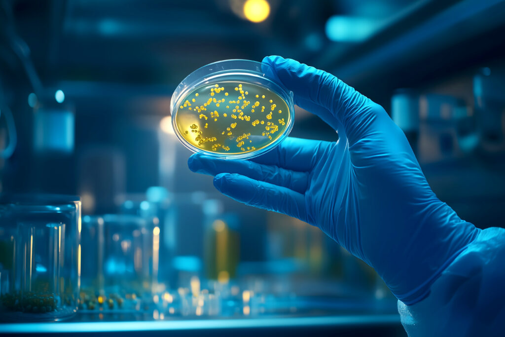 Hand of a lab technician holding a Petri dish with microorganism
