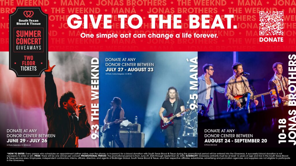 Give to the beat. South Texas Blood & Tissue is giving donors a chance to win concert tickets see Grammy award winning artists.