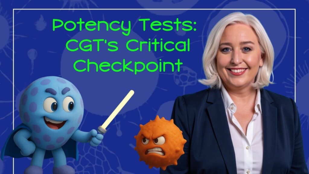 Adrienne Mendoza and Tuffy at BBG Advanced Therapies graphic representing the latest newsletter on Potency Assays, the key to Scalable Advanced Therapies Blueprint for breakthroughs