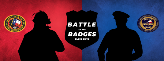 Battle of the Badges blood drive featuring silhouettes of Laredo police and fire departments competing to collect blood donations