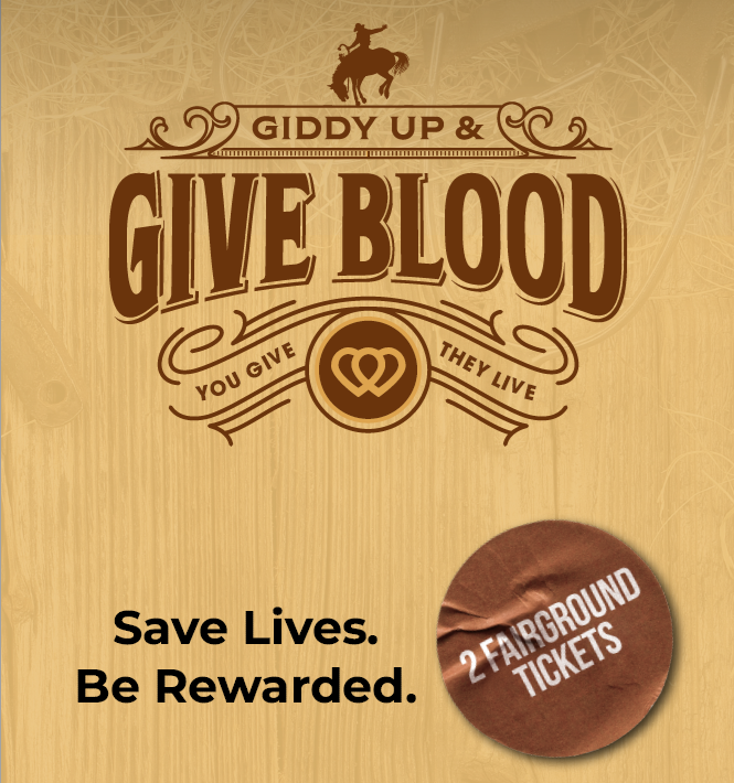 Rodeo tickets for blood donors promotion graphic reading Giddy Up and Give Blood with 2 fairground tickets