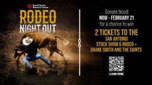 Shane Smith rodeo tickets promotion encouraging blood donation through February 21 for San Antonio Stock Show and Rodeo
