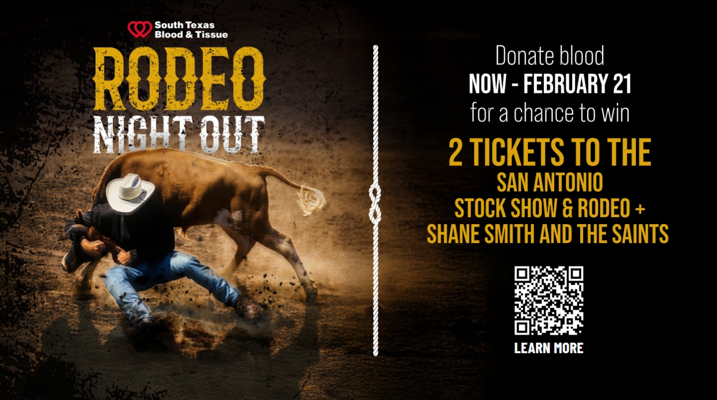 Shane Smith rodeo tickets promotion encouraging blood donation through February 21 for San Antonio Stock Show and Rodeo