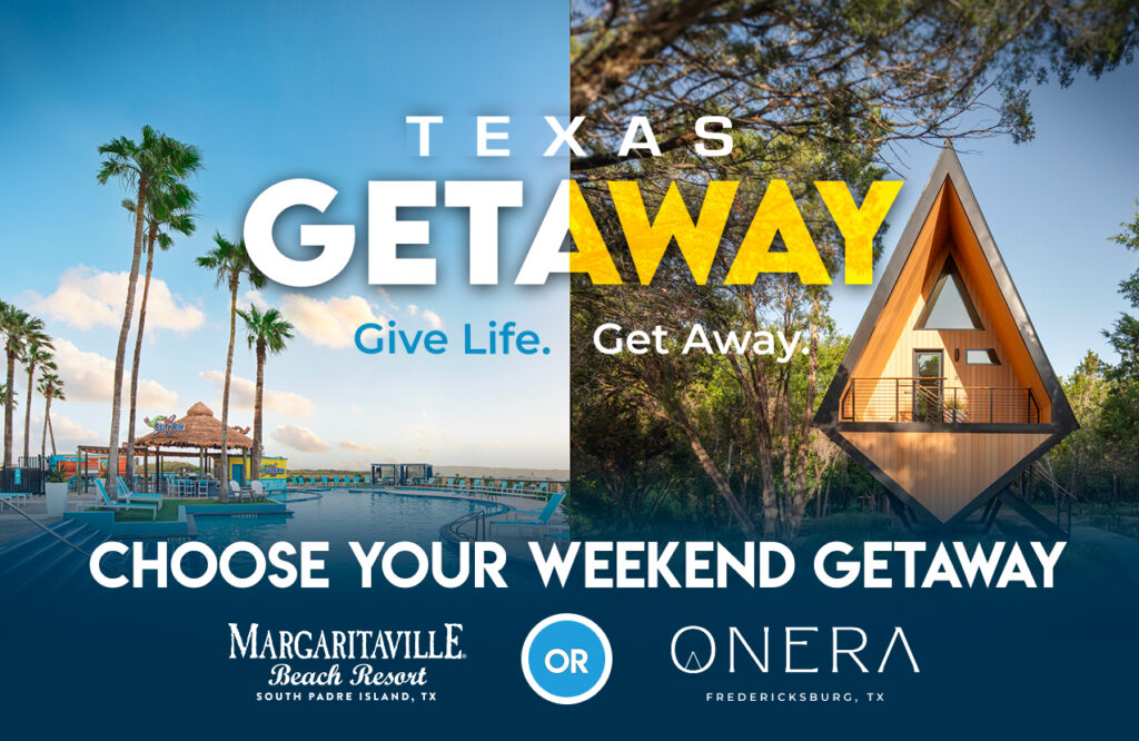 Texas blood donation giveaway beach or vineyard getaway promotion image