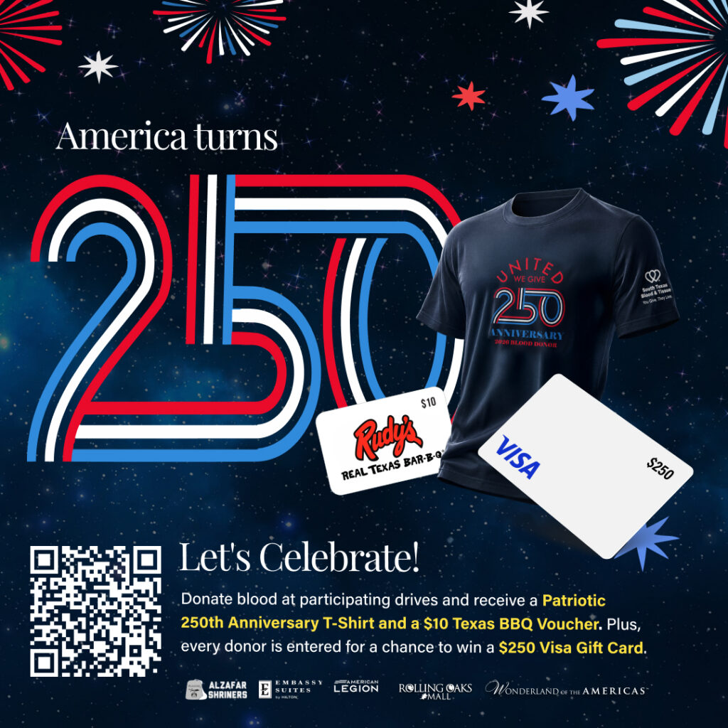 America's 250th Anniversary blood drive in San Antonio with commemorative donor T-shirt and $250 Visa gift card giveaway