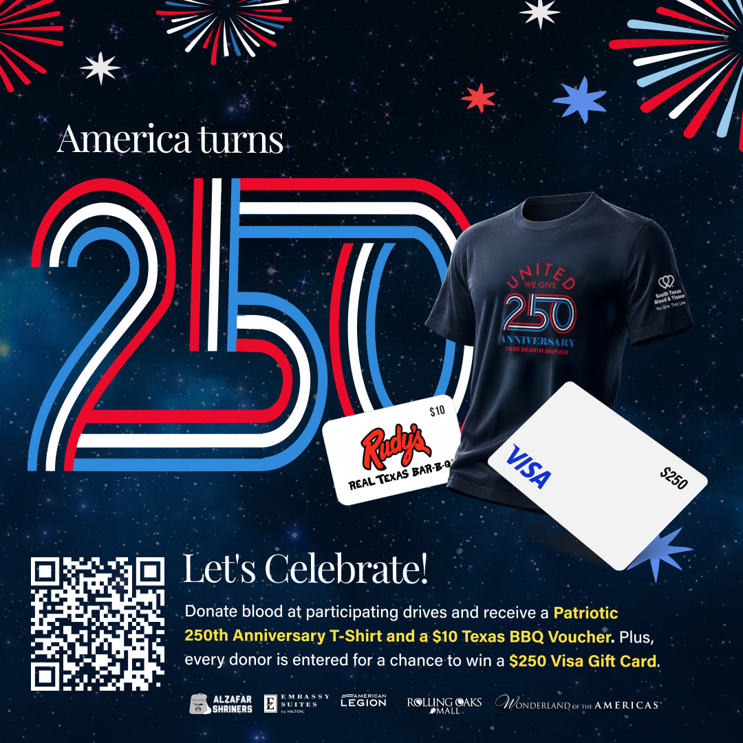 America's 250th Anniversary blood drive in San Antonio with commemorative donor T-shirt and $250 Visa gift card giveaway
