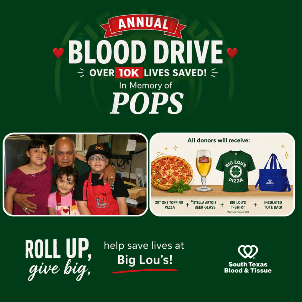 Big Lou's Pizza blood drive honoring Pops Lujan with donor gifts and pizza
