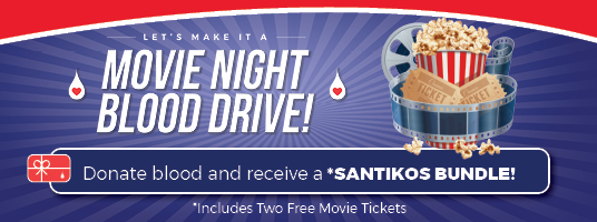Movie Night Blood Drive banner with popcorn and tickets