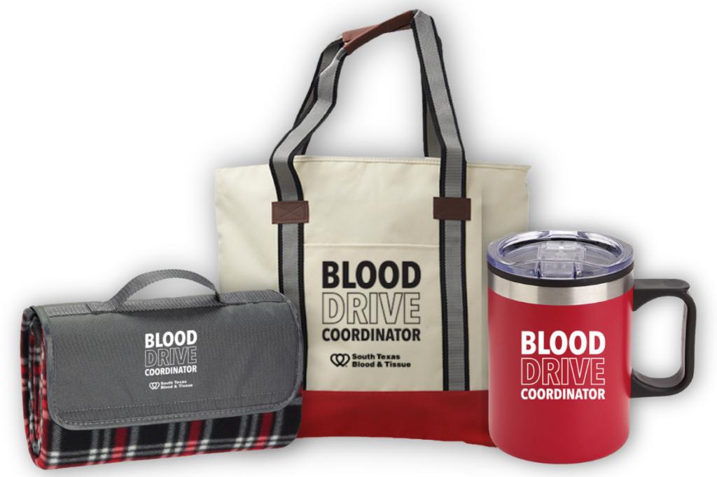 Blood Drive Coordinator tote, mug, and blanket