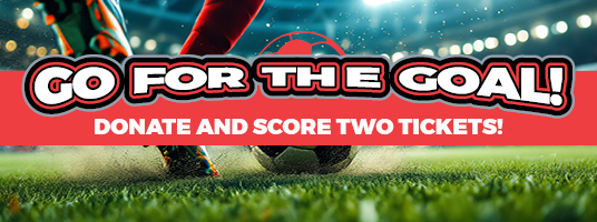 Soccer player kicking ball with donation promotion text