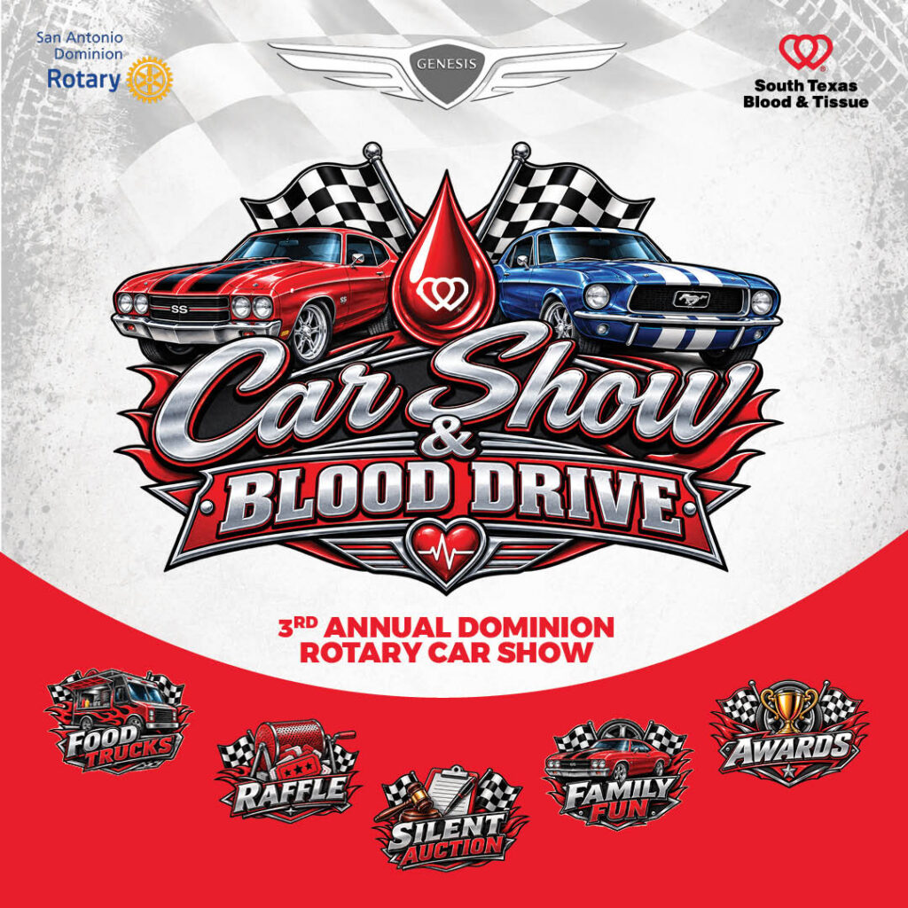 Dominion Rotary Car Show and Blood Drive promotional graphic featuring classic cars and South Texas Blood & Tissue
