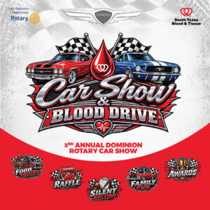 Dominion Rotary Car Show and Blood Drive promotional graphic featuring classic cars and South Texas Blood & Tissue