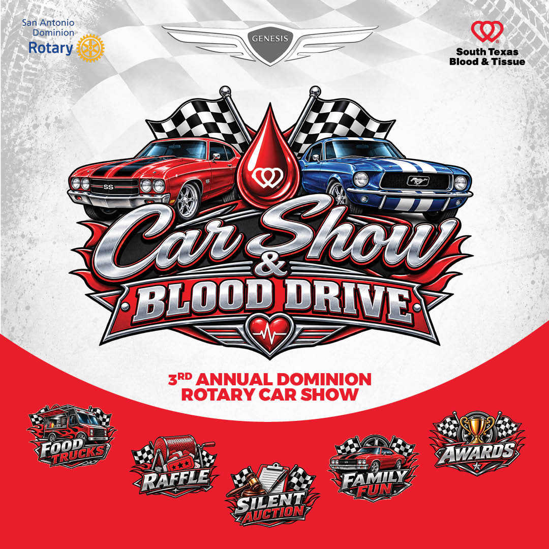 Dominion Rotary Car Show and Blood Drive promotional graphic featuring classic cars and South Texas Blood & Tissue