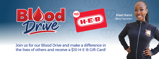 Blood drive banner offering a $10 H-E-B gift card